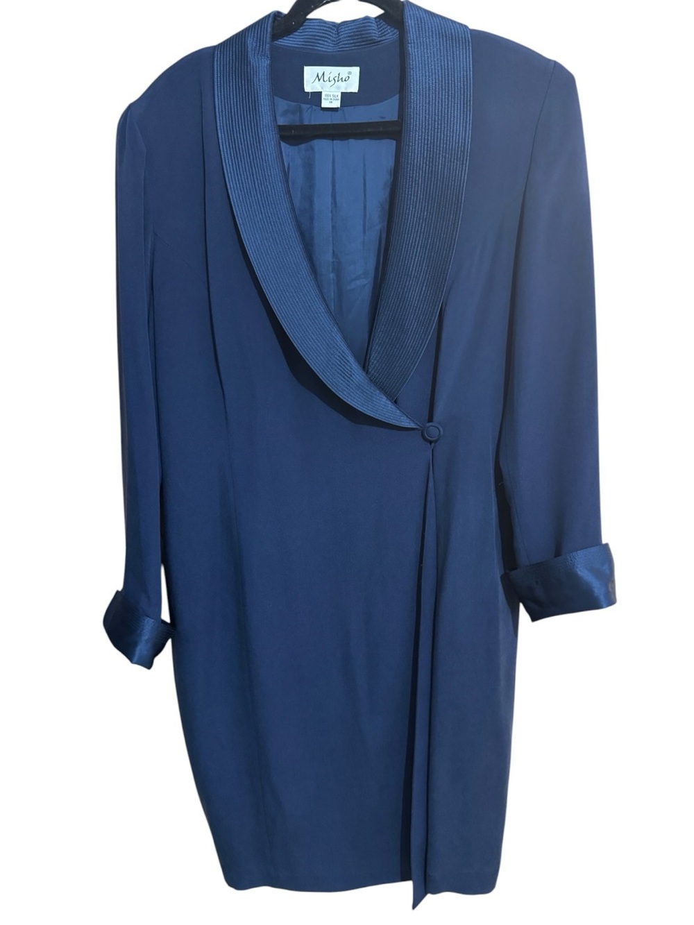 Vintage Misho 100% Silk Tuxedo Wrap Dress Navy Blue Satin Shawl Collar Size 14